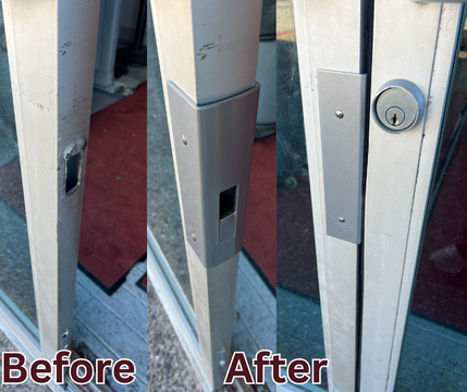 before and after of cover plate installation on commercial door in austin tx
